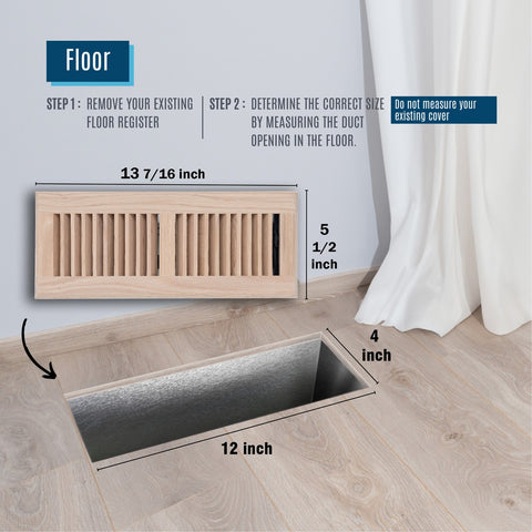 4"x12" Heavy Duty Steel Floor Register, Louvered Air Vent with Adjustable Damper | Oak | Out. Dim.: 5-3/4"W X 13-3/4"H