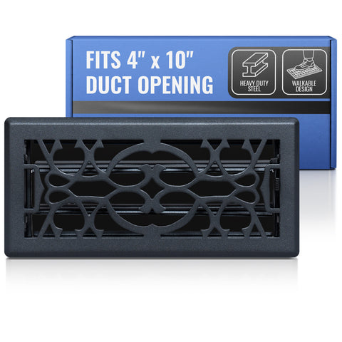 4 x 10-inch Matte Black Steel decorative floor register, packaging