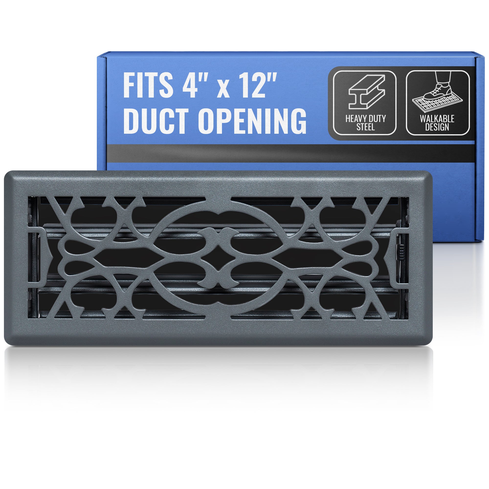 4 x 12-inch Dark Gray Steel decorative floor register, packaging