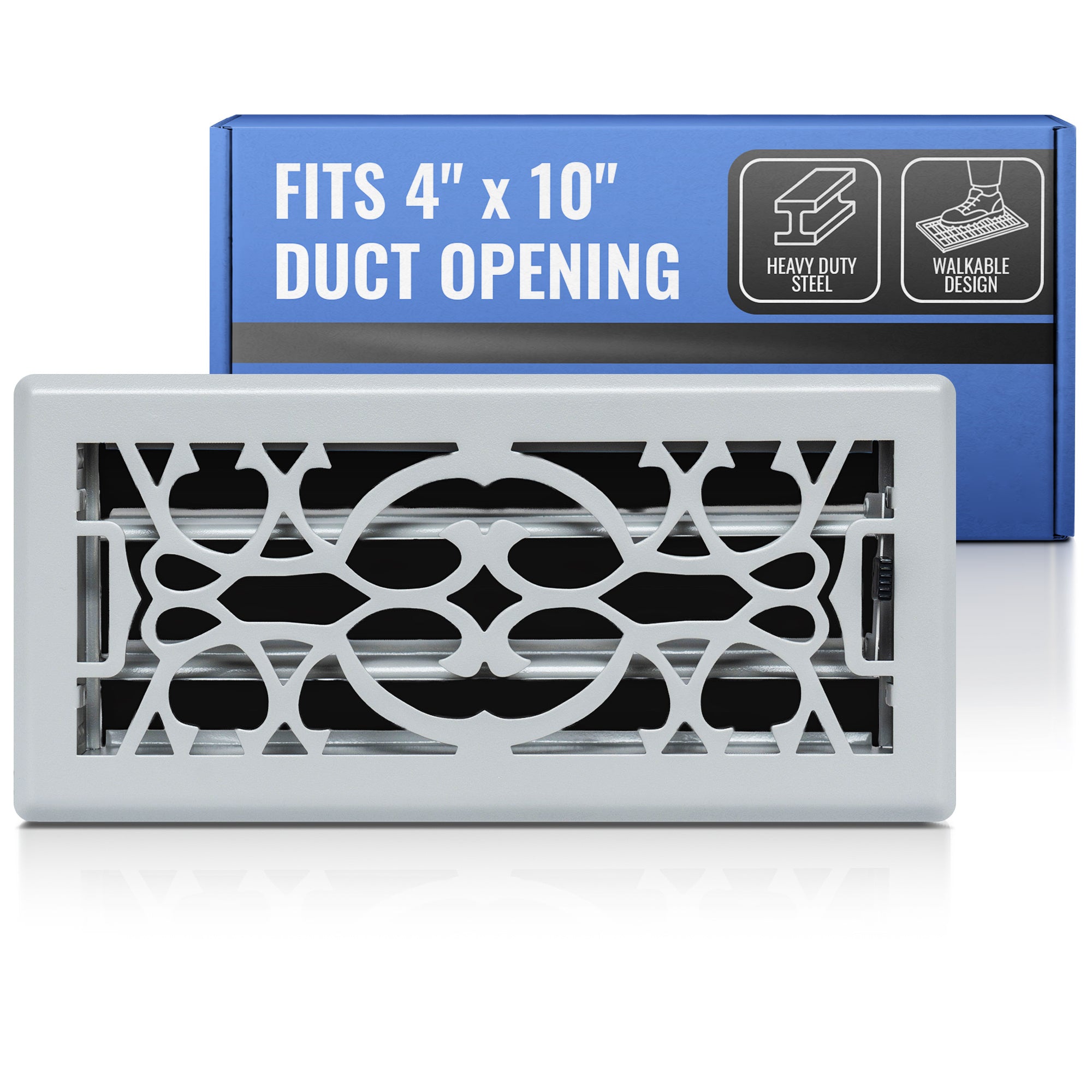 4 x 10-inch Light Gray Steel decorative floor register, packaging