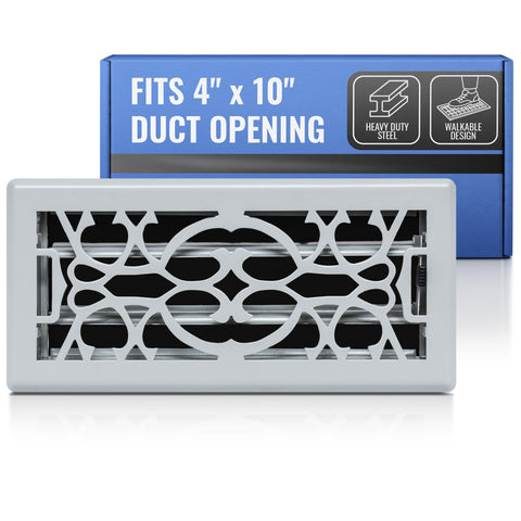 4 x 10-inch Light Gray Steel decorative floor register, packaging