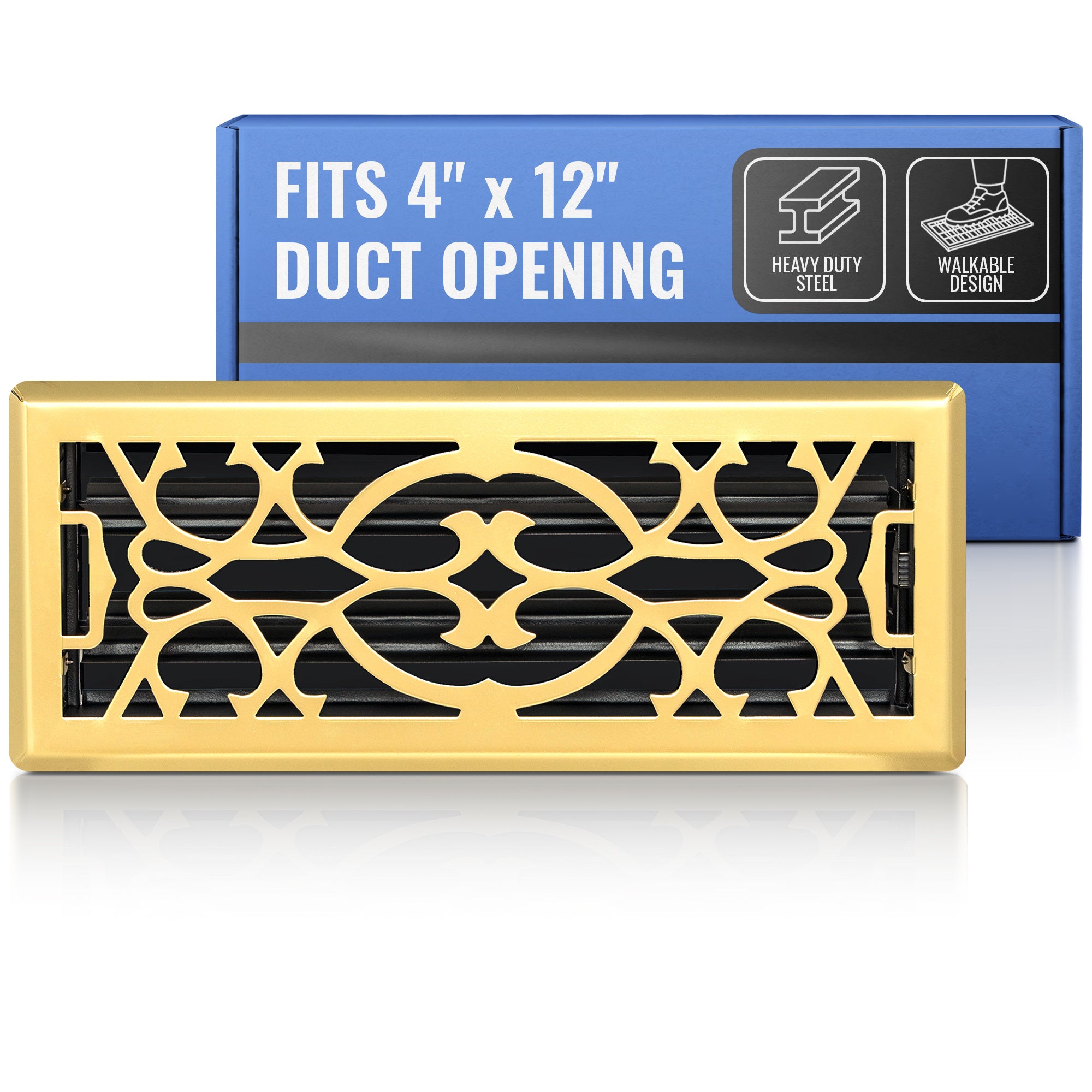 4 x 12-inch Polished Brass Steel decorative floor register, packaging