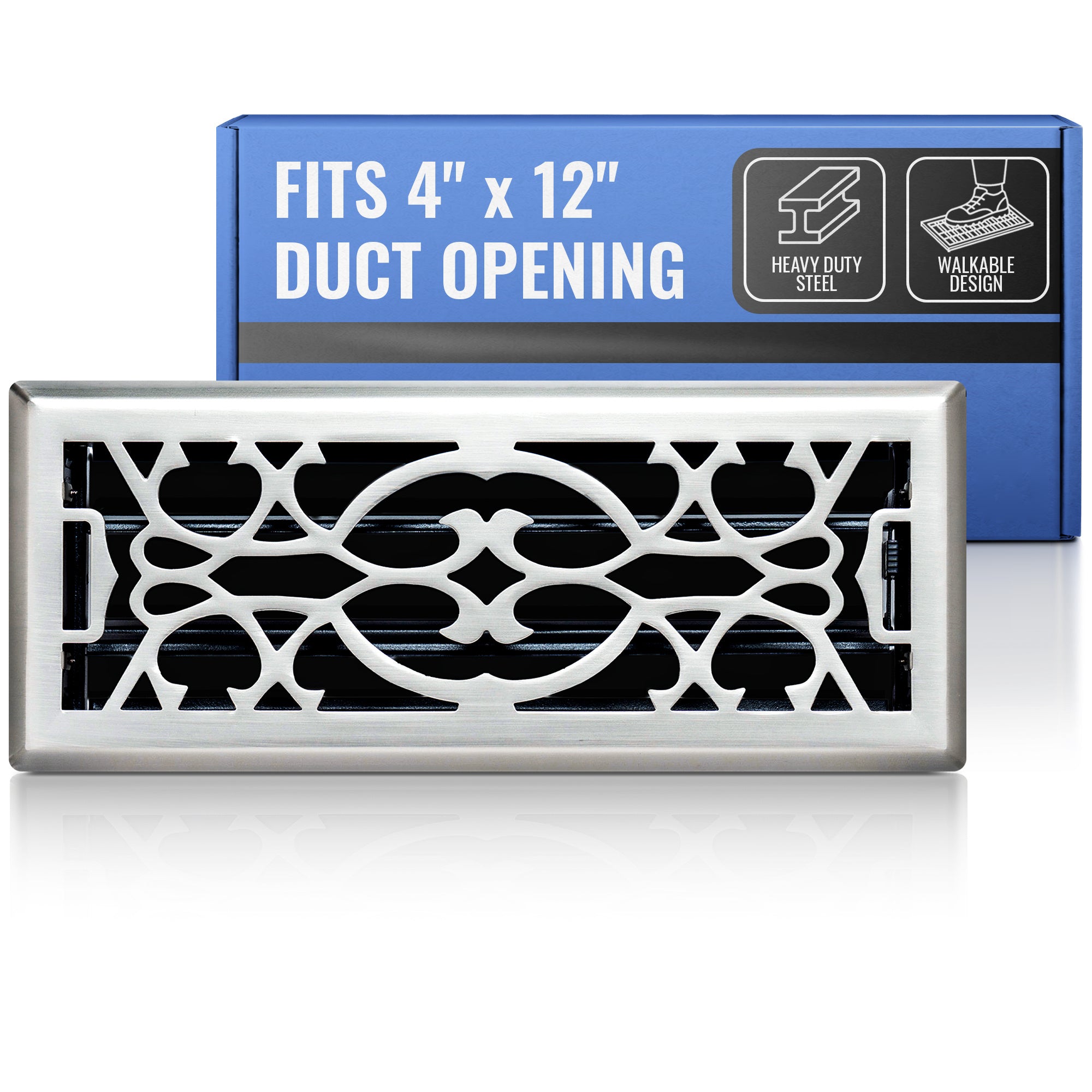 4 x 12-inch Satin Nickel Steel decorative floor register, packaging