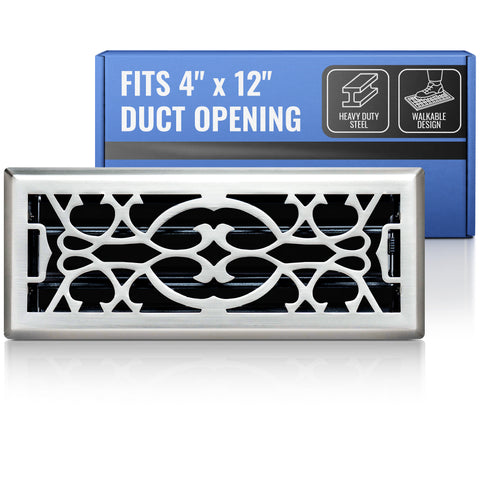 4 x 12-inch Satin Nickel Steel decorative floor register, packaging