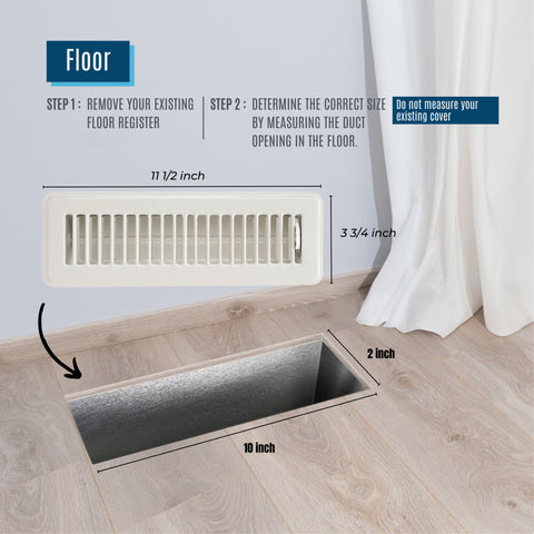 2"x10" Heavy Duty Steel Floor Register, Louvered Air Vent with Adjustable Damper | White | Out. Dim.: 3-3/4"W X 11-3/4"H