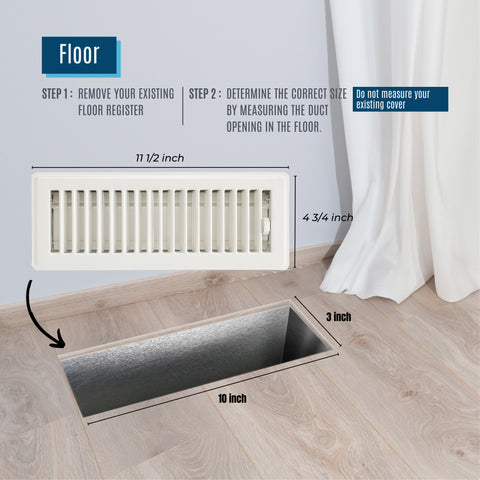 3" x 10"  [Duct Opening] Floor Register with Louvered Design | Heavy Duty Walkable Design with Damper | Floor Vent Grille | Easy to Adjust Air Supply lever | Off White | Outer Dimensions: 4.75" X 11.5"