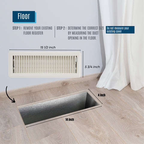 4"x14" Heavy Duty Steel Floor Register, Louvered Air Vent with Adjustable Damper | White | Out. Dim.: 5-3/4"W X 15-3/4"H