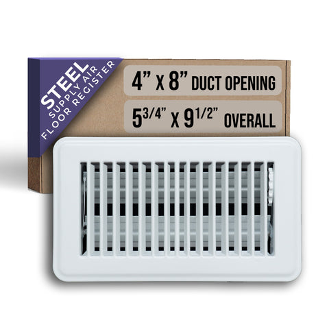 4"x8" Heavy Duty Steel Floor Register, Louvered Air Vent with Adjustable Damper | White | Out. Dim.: 5-3/4"W X 9-3/4"H