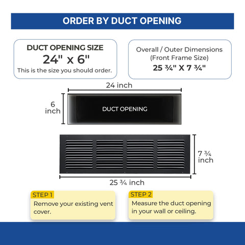 24x6 Black Steel Return Air Grille, High-Airflow HVAC Cold Air Intake for Wall & Ceiling