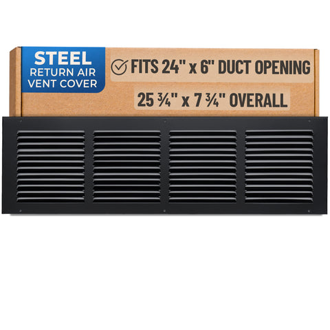 24x6 Black Steel Return Air Grille, High-Airflow HVAC Cold Air Intake for Wall & Ceiling