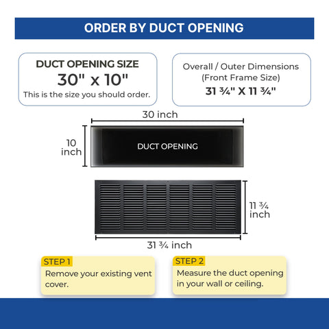 30x10 Black Steel Return Air Grille, High-Airflow HVAC Cold Air Intake for Wall & Ceiling