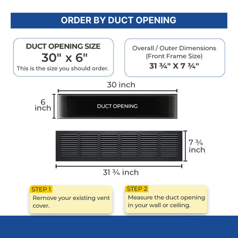 30x6 Black Steel Return Air Grille, High-Airflow HVAC Cold Air Intake for Wall & Ceiling