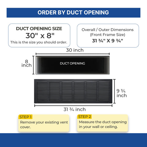 30x8 Black Steel Return Air Grille, High-Airflow HVAC Cold Air Intake for Wall & Ceiling