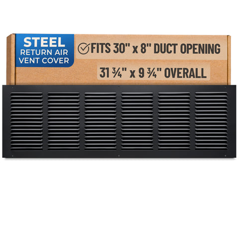 30x8 Black Steel Return Air Grille, High-Airflow HVAC Cold Air Intake for Wall & Ceiling