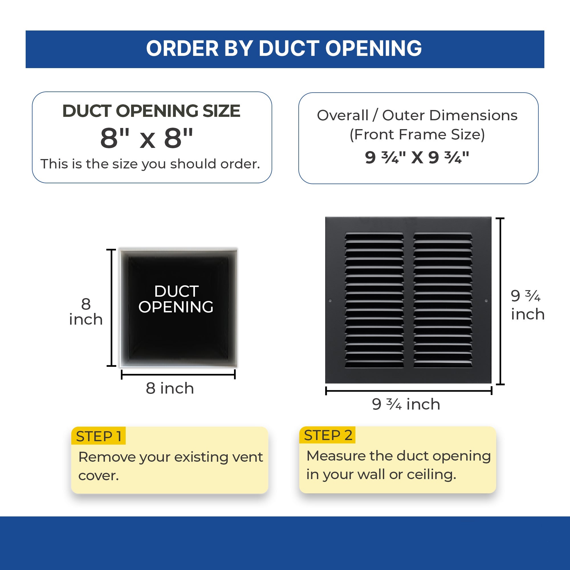 8 x 8-inch Black Steel flat stamped return grille, dimensions
