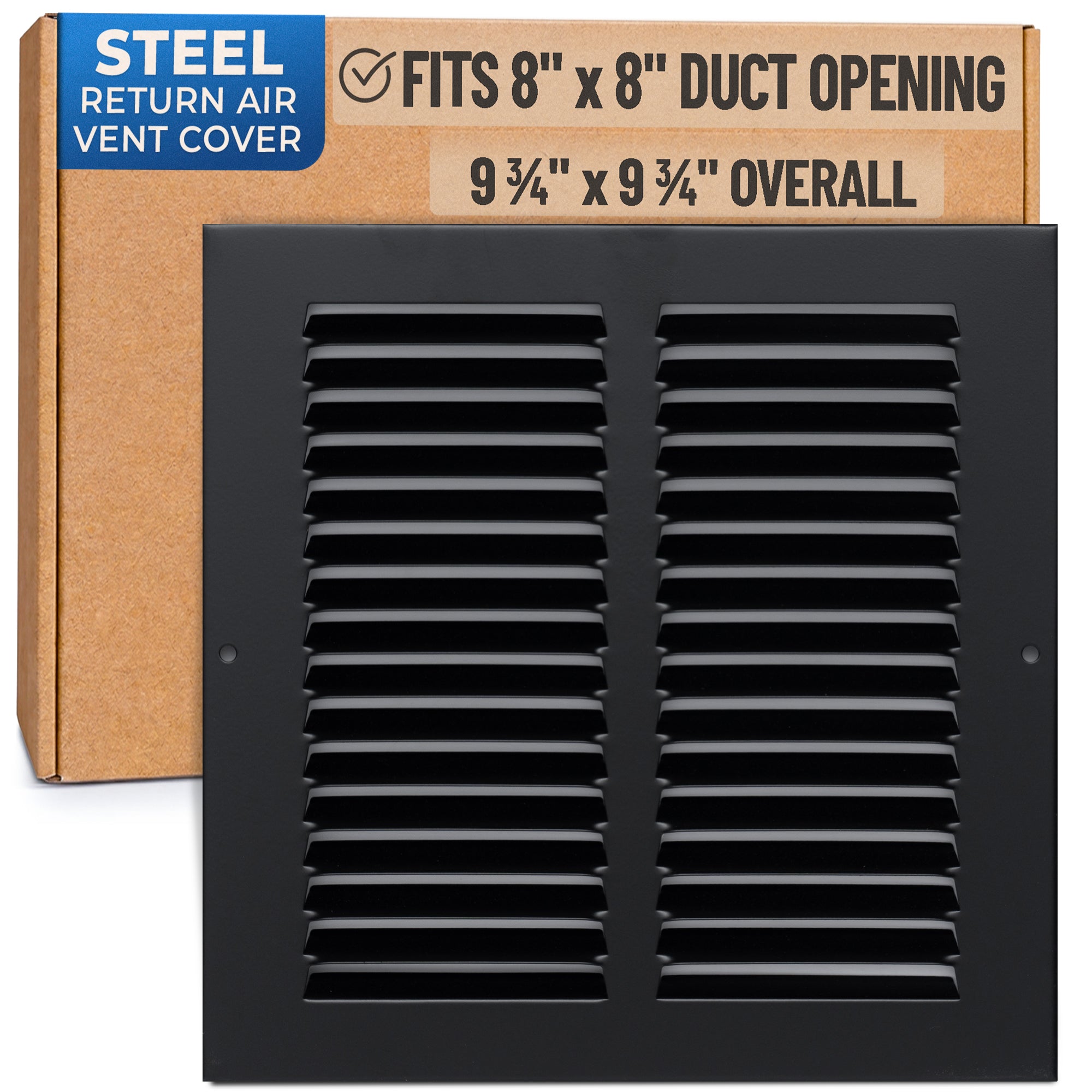 8 x 8-inch Black Steel flat stamped return grille, packaging