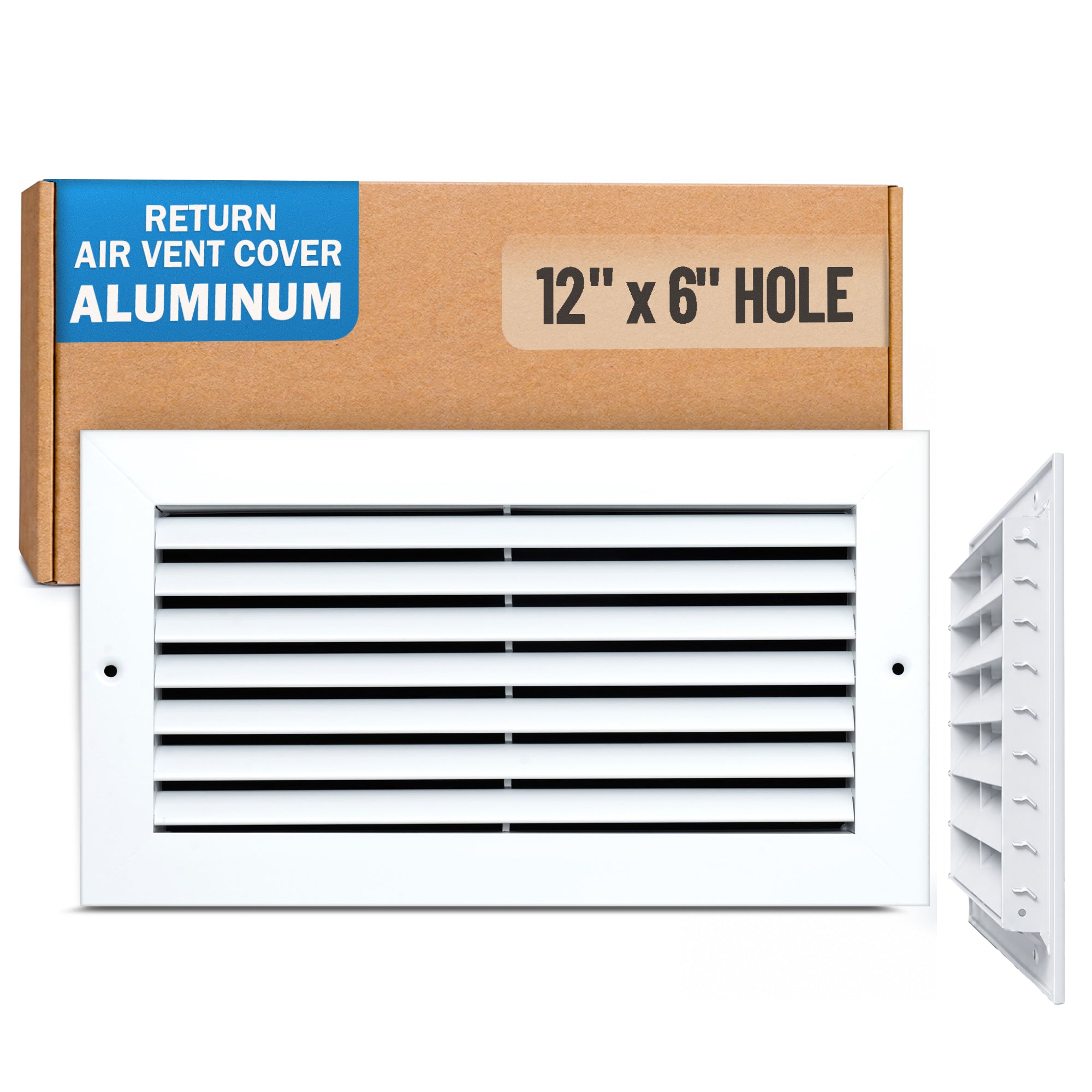 12 x 6-inch White Aluminum bar return grille, packaging