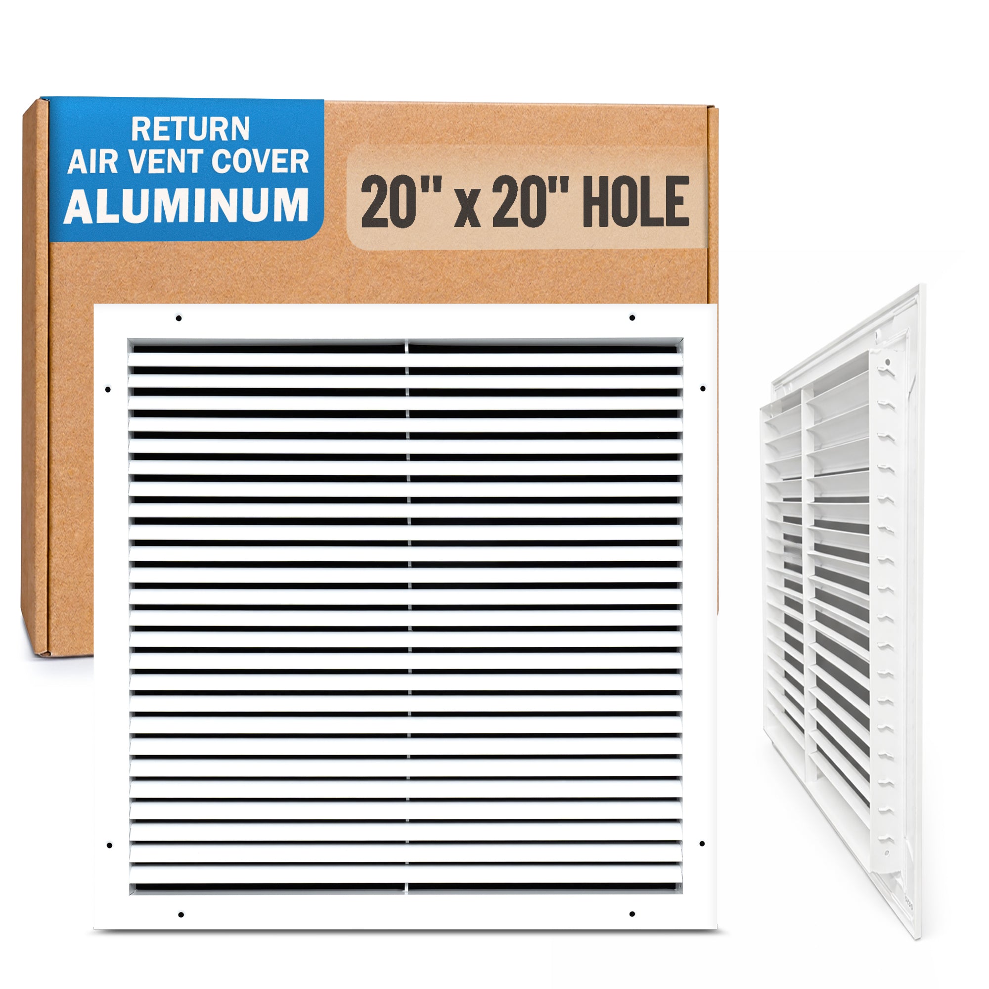 20 x 20-inch White Aluminum bar return grille, packaging
