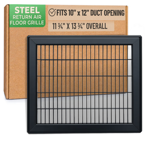 10 x 12-inch Black Steel heavy duty return floor register, packaging
