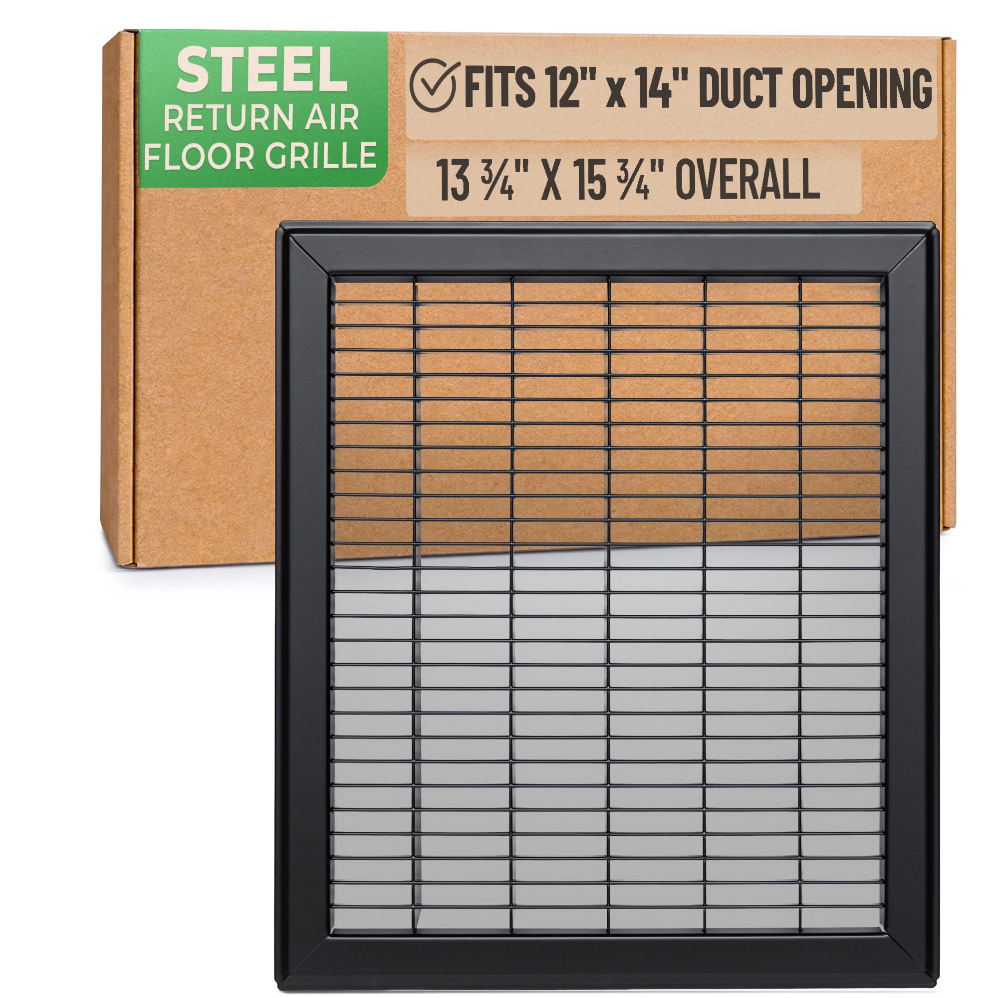 12 x 14-inch Black Steel heavy duty return floor register, packaging