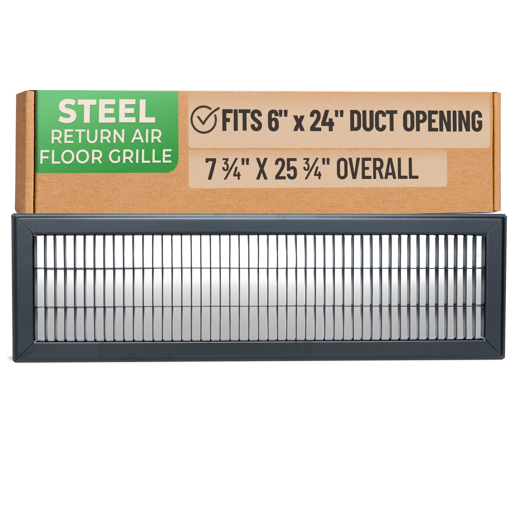 6 x 24-inch Black Steel heavy duty return floor register, packaging