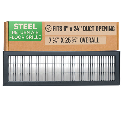 6 x 24-inch Black Steel heavy duty return floor register, packaging