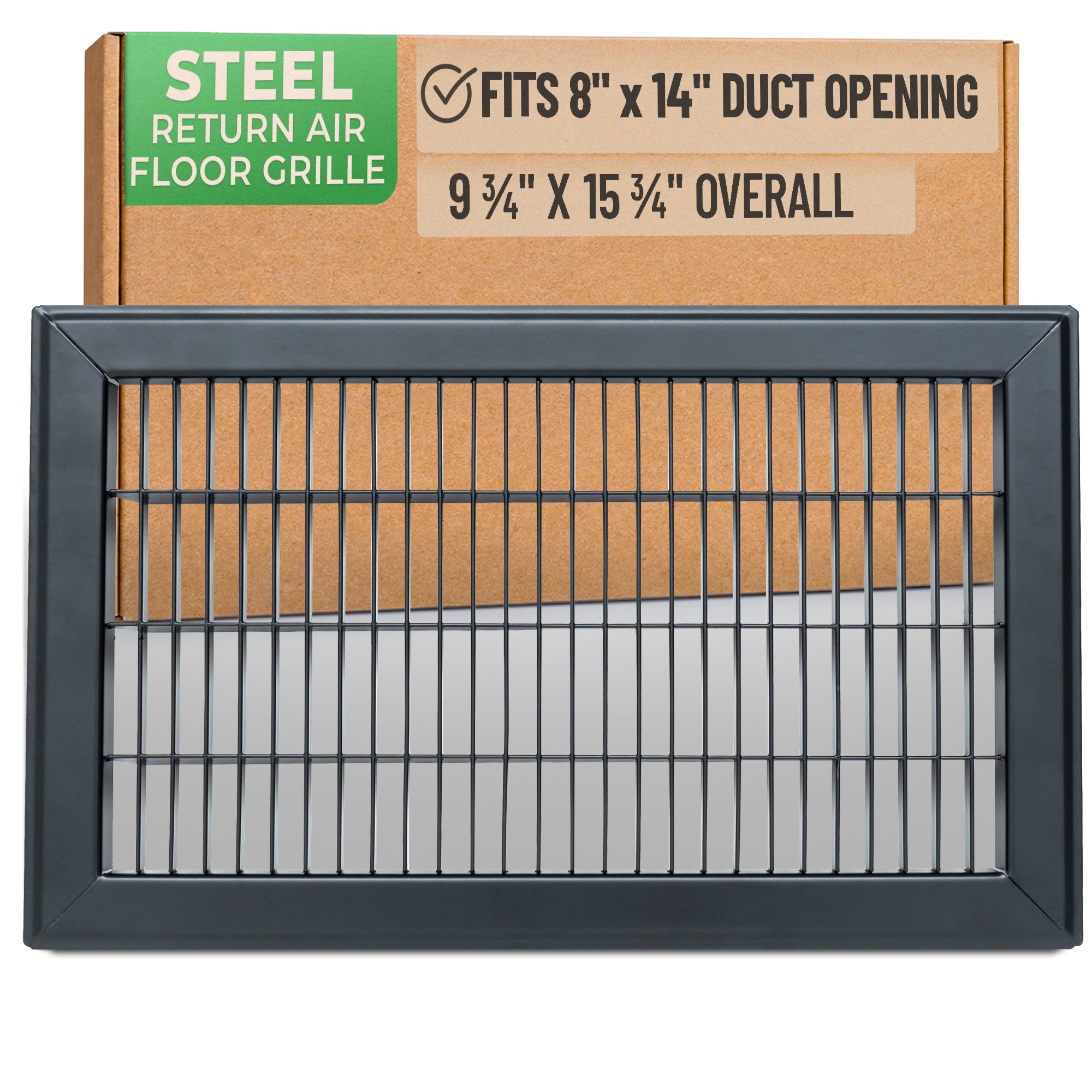 8 x 14-inch Black Steel heavy duty return floor register, packaging