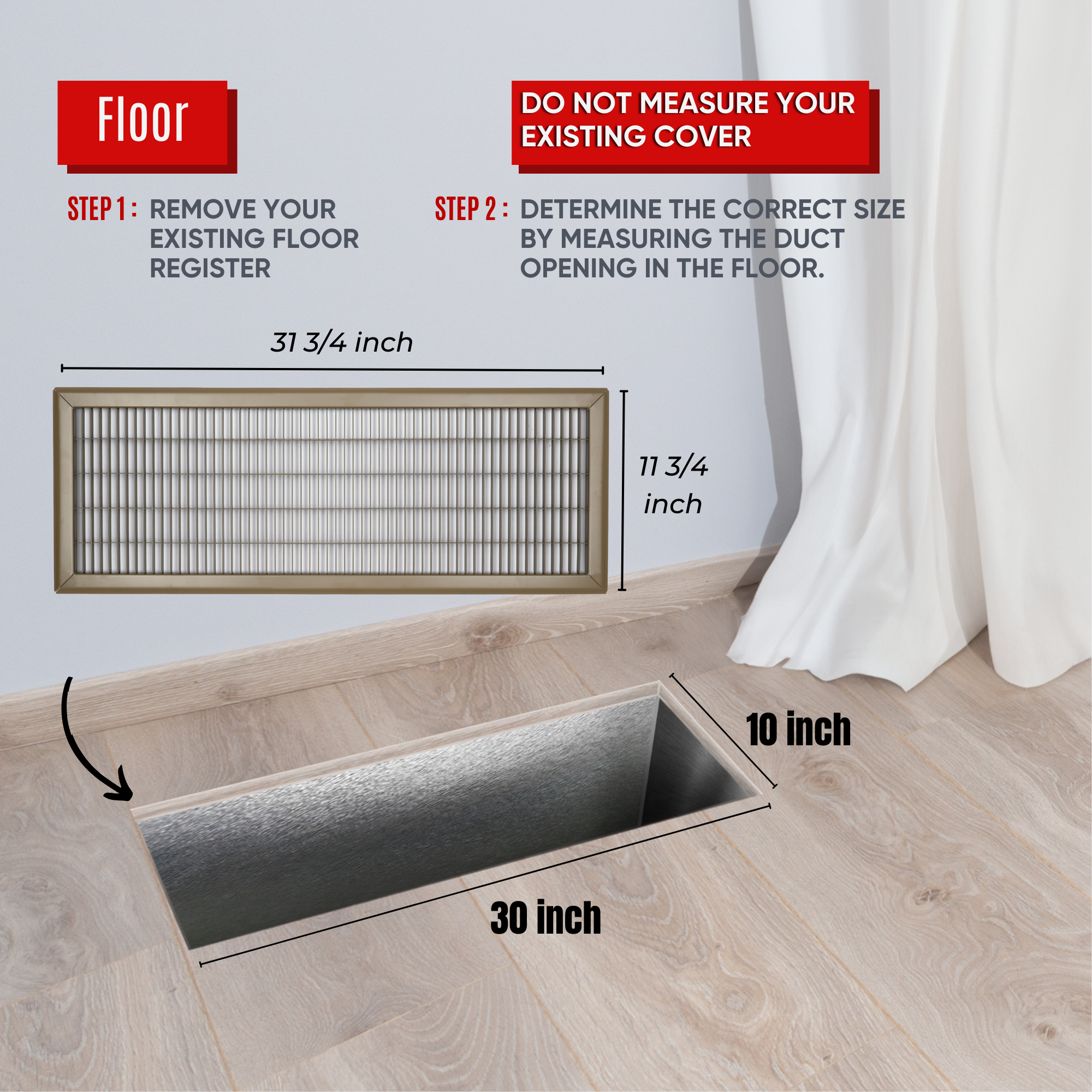10 x 30-inch Brown Steel heavy duty return floor register, dimensions