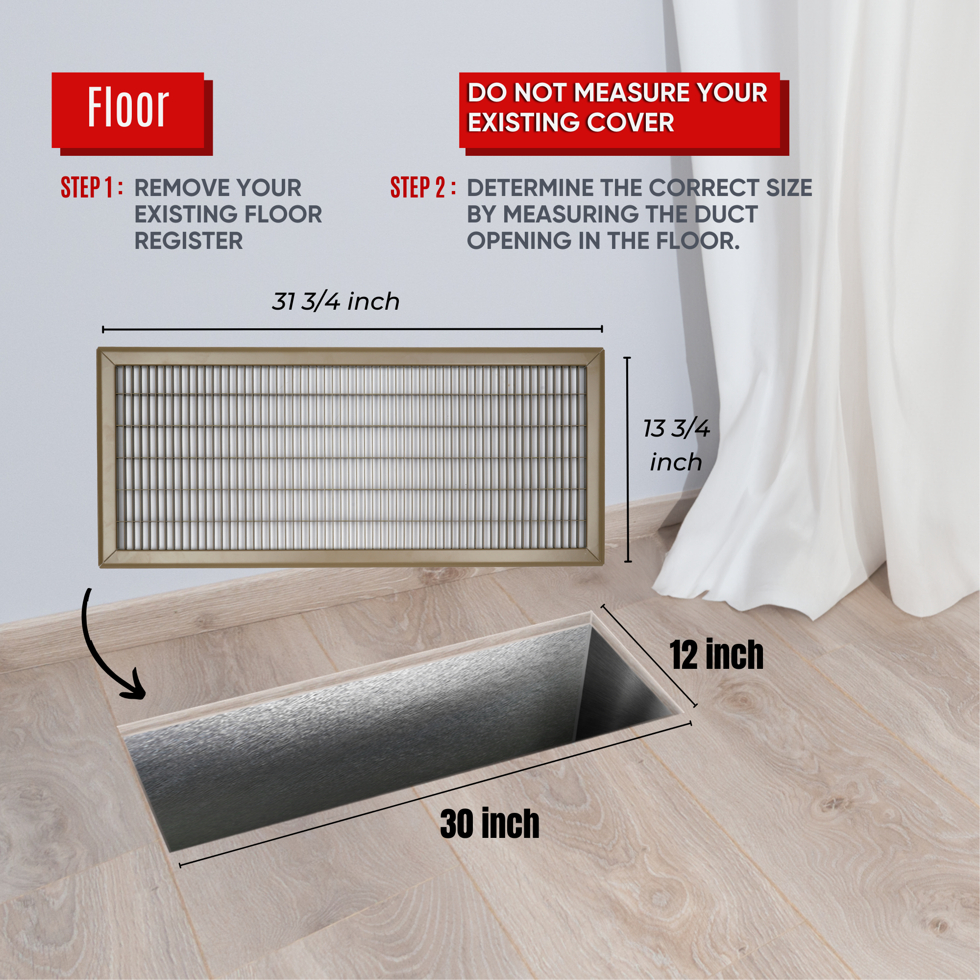 12 x 30-inch Brown Steel heavy duty return floor register, dimensions