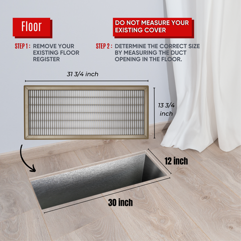 12 x 30-inch Brown Steel heavy duty return floor register, dimensions