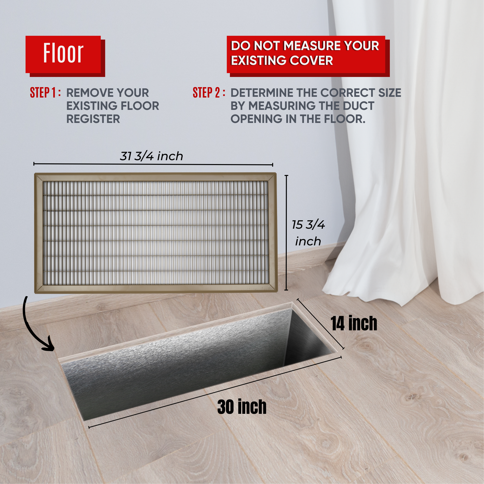 14 x 30-inch Brown Steel heavy duty return floor register, dimensions