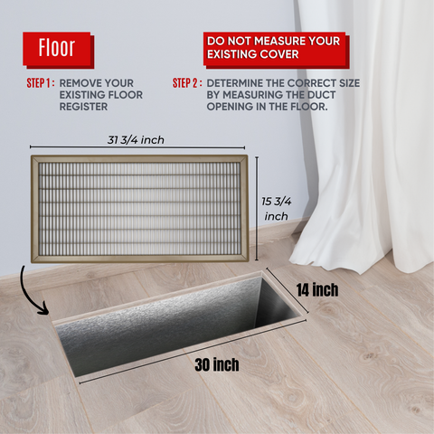 14 x 30-inch Brown Steel heavy duty return floor register, dimensions