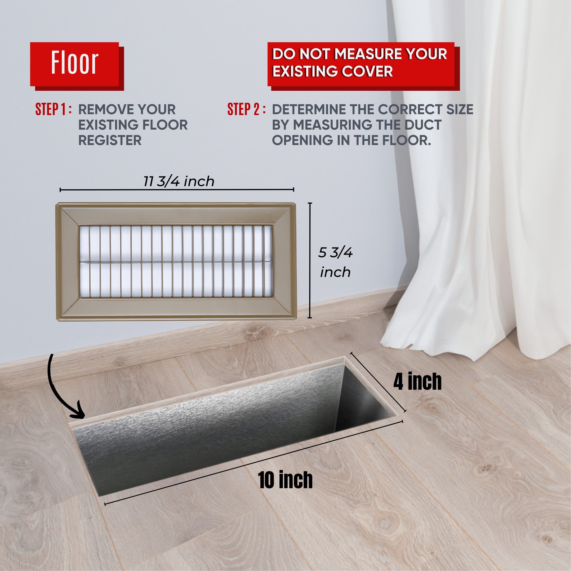 4 x 10-inch Brown Steel heavy duty return floor register, dimensions
