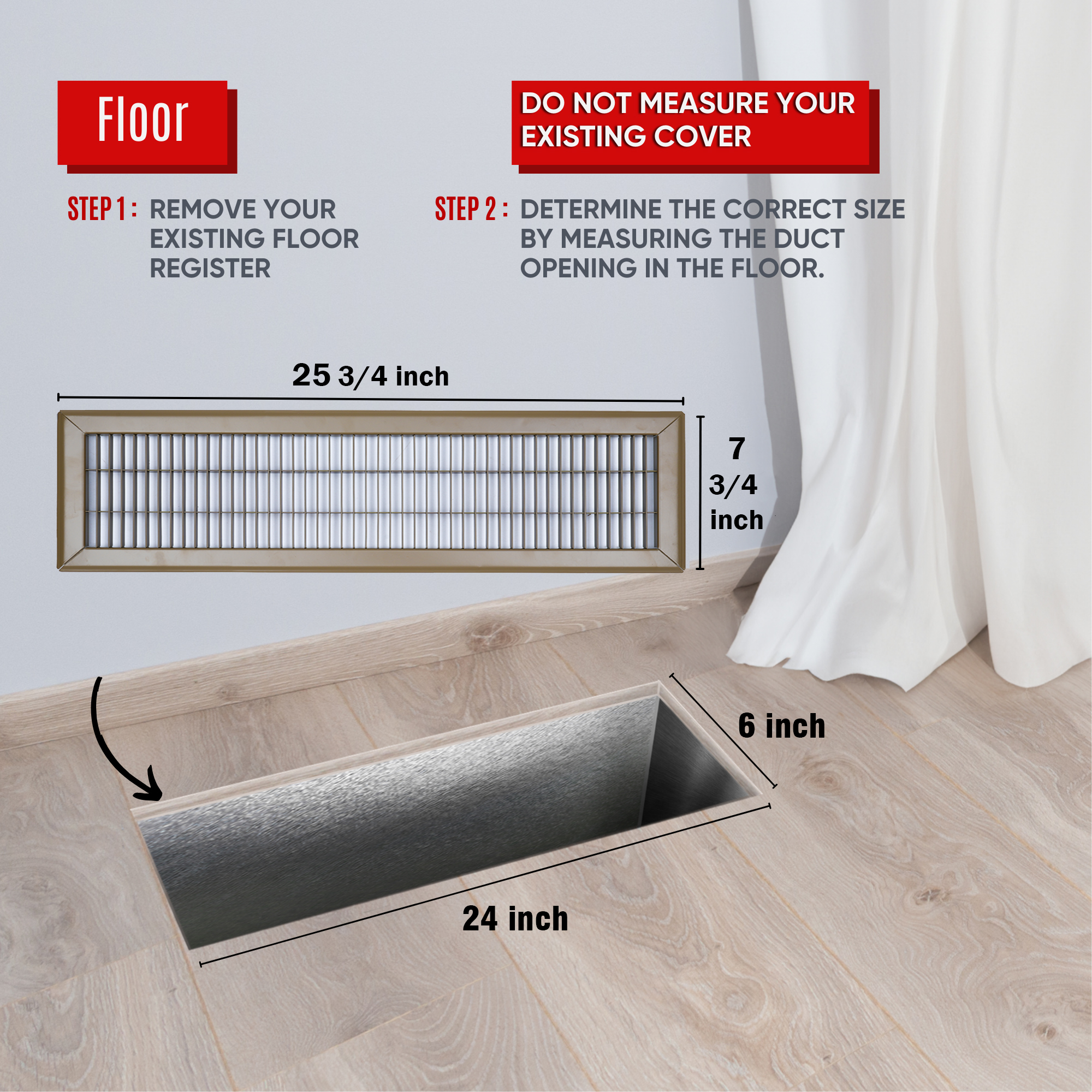 6 x 24-inch Brown Steel heavy duty return floor register, dimensions