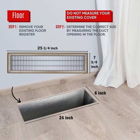 6 x 24-inch Brown Steel heavy duty return floor register, dimensions