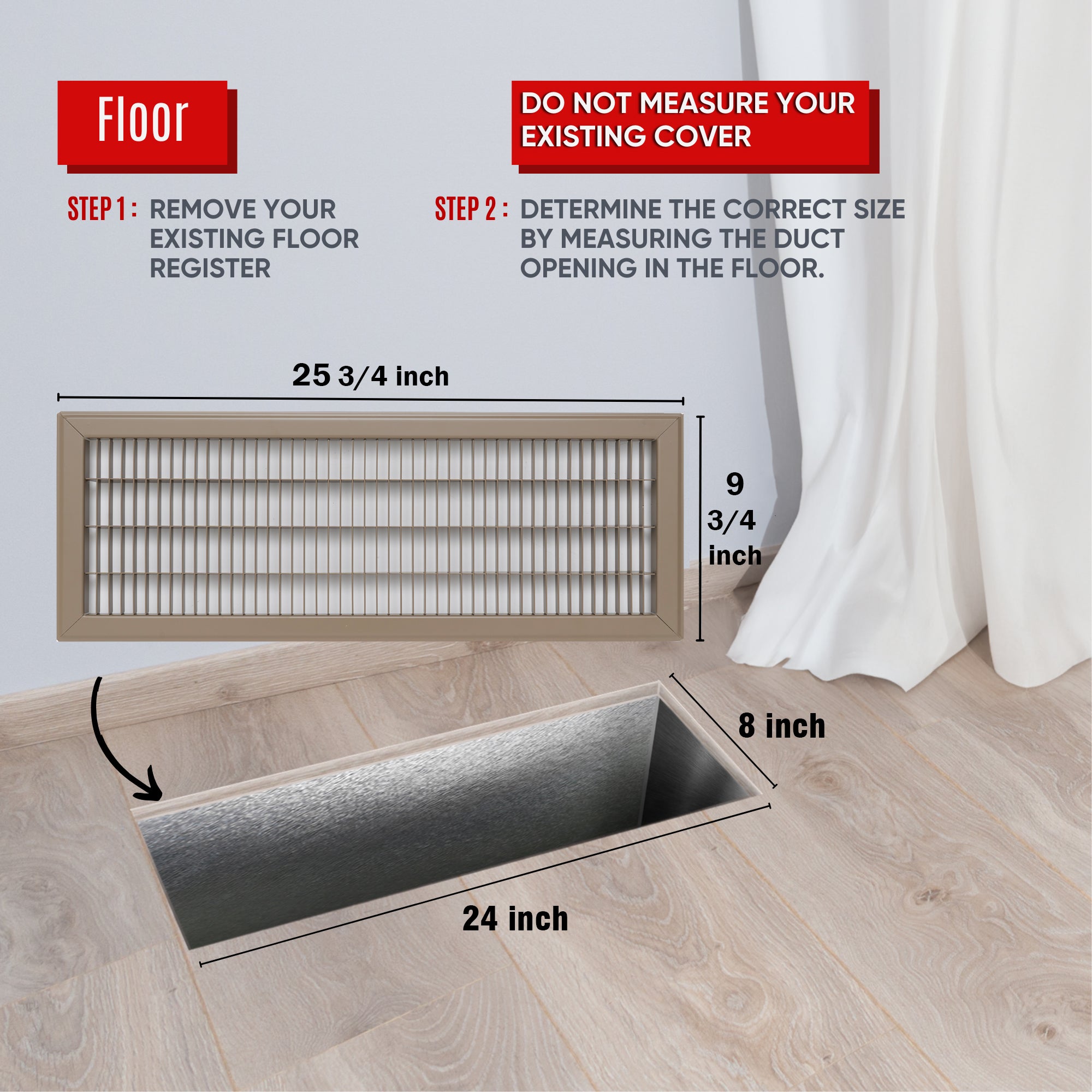 8 x 24-inch Brown Steel heavy duty return floor register, dimensions