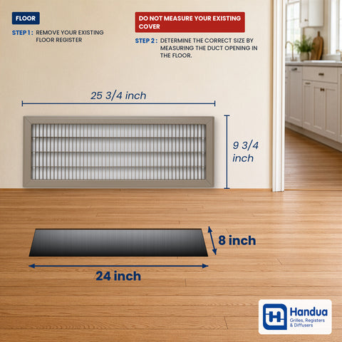 8"x24" Brown Steel Return Air Floor Grille, Walkable Heavy-Duty Fixed-Blade Vent Cover