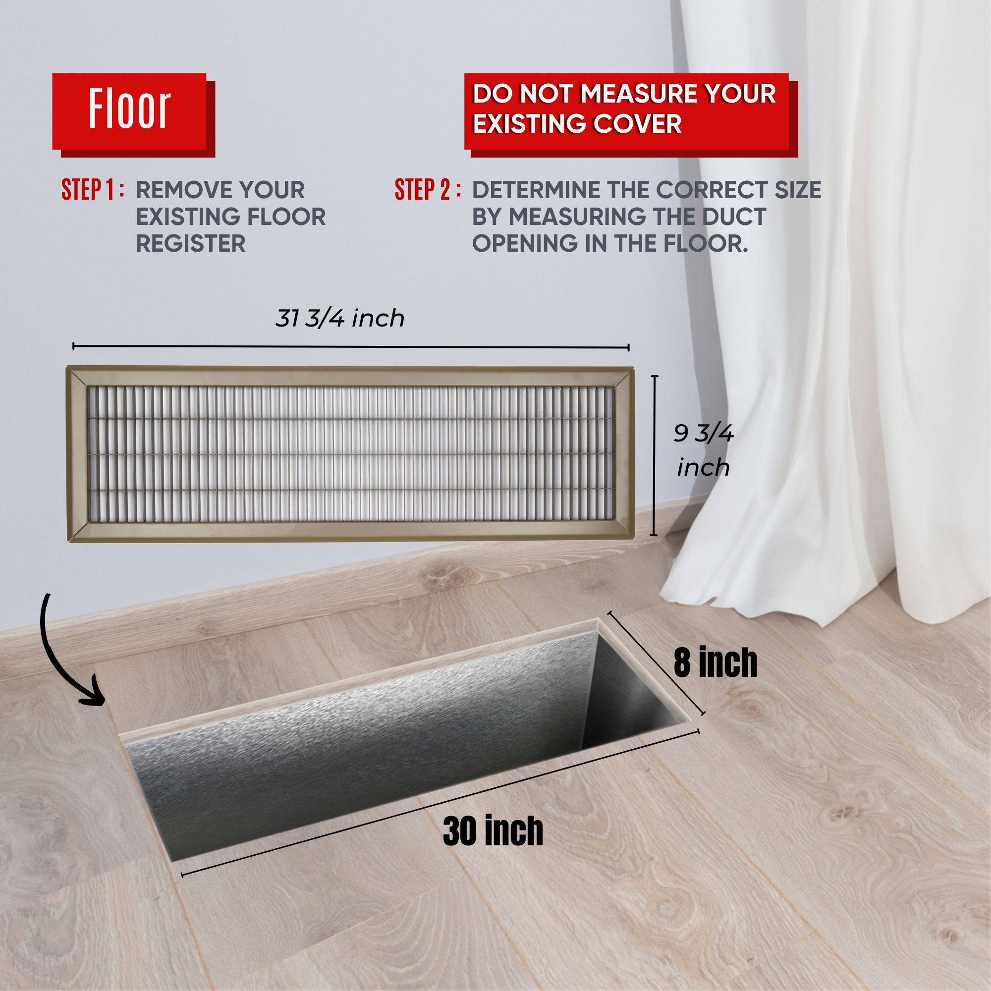 8 x 30-inch Brown Steel heavy duty return floor register, dimensions