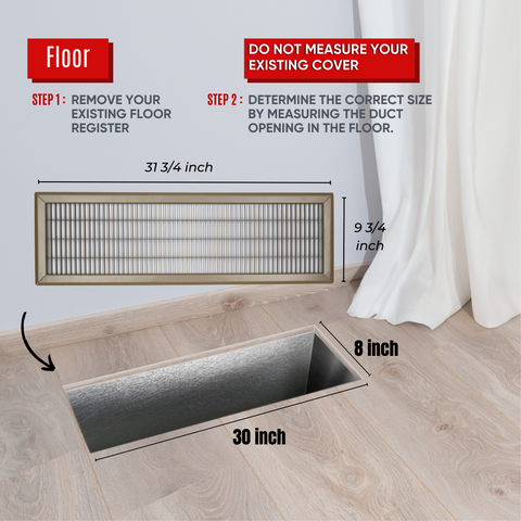 8 x 30-inch Brown Steel heavy duty return floor register, dimensions