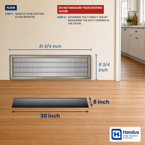 8"x30" Brown Steel Return Air Floor Grille, Walkable Heavy-Duty Fixed-Blade Vent Cover