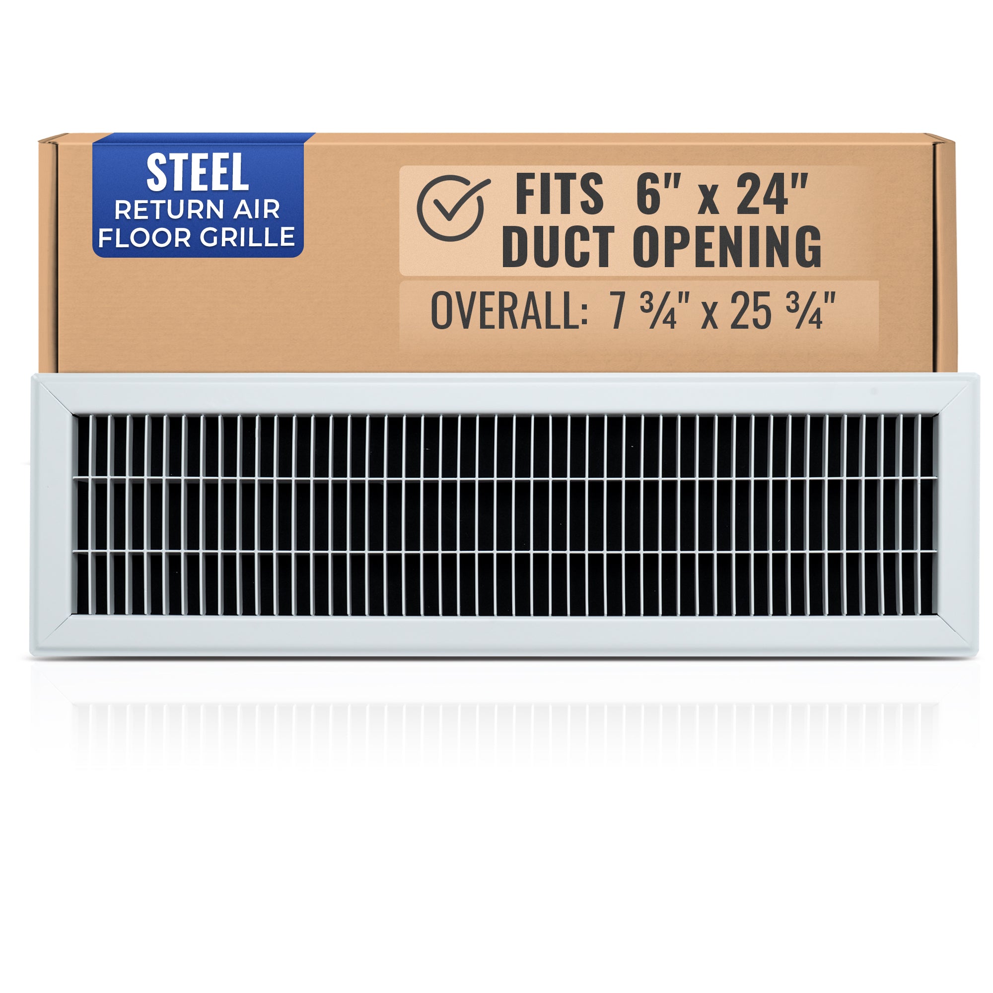 6 x 24-inch White Steel heavy duty return floor register, packaging