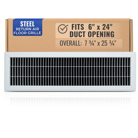 6 x 24-inch White Steel heavy duty return floor register, packaging