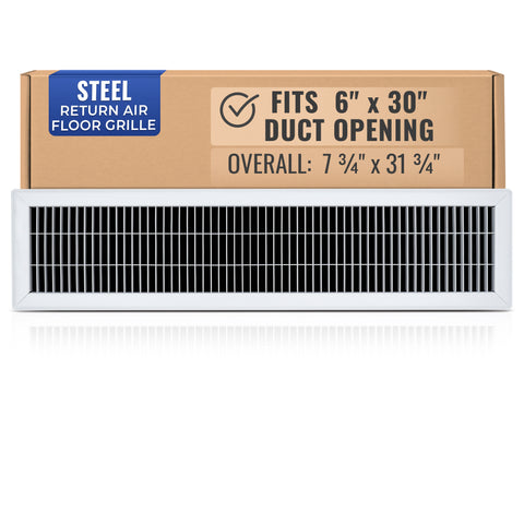 6 x 30-inch White Steel heavy duty return floor register, packaging