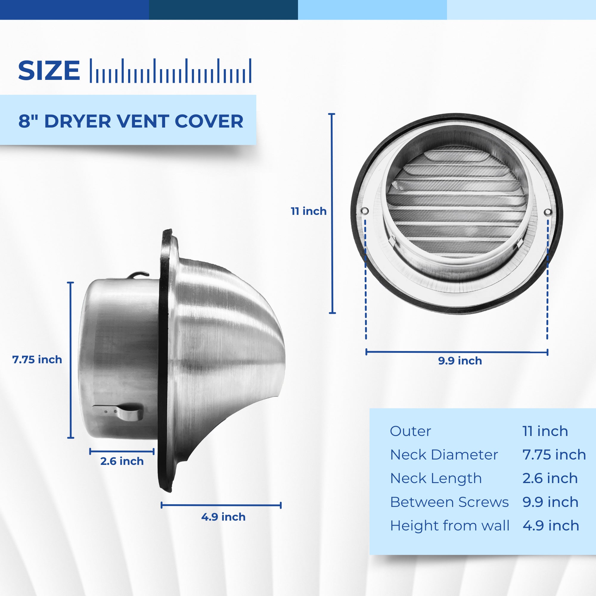 8-inch stainless steel round dryer vent cover with hood, dimensions
