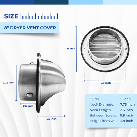 8-inch stainless steel round dryer vent cover with hood, dimensions