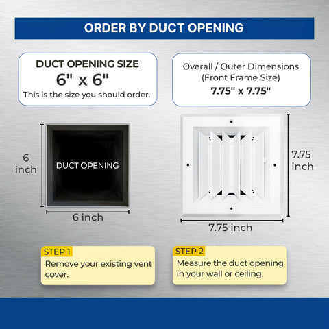 6 x 6-inch White Aluminum square ceiling diffuser, dimensions