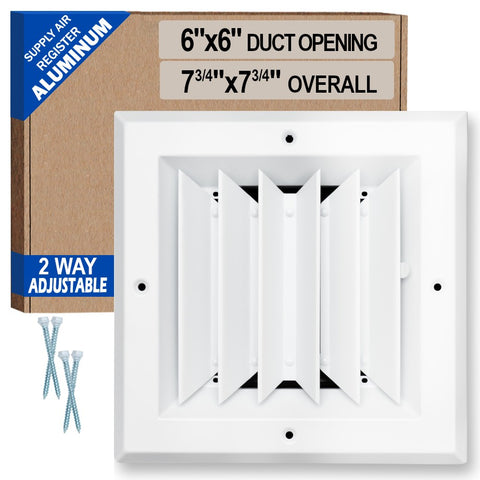 Fits 6x6 Duct Opening 2 Way Aluminum Square Ceiling Diffuser | Register Vent Cover Grille for Ceiling | Rust Proof | White | Outer Dimensions: 7.75" X 7.75"