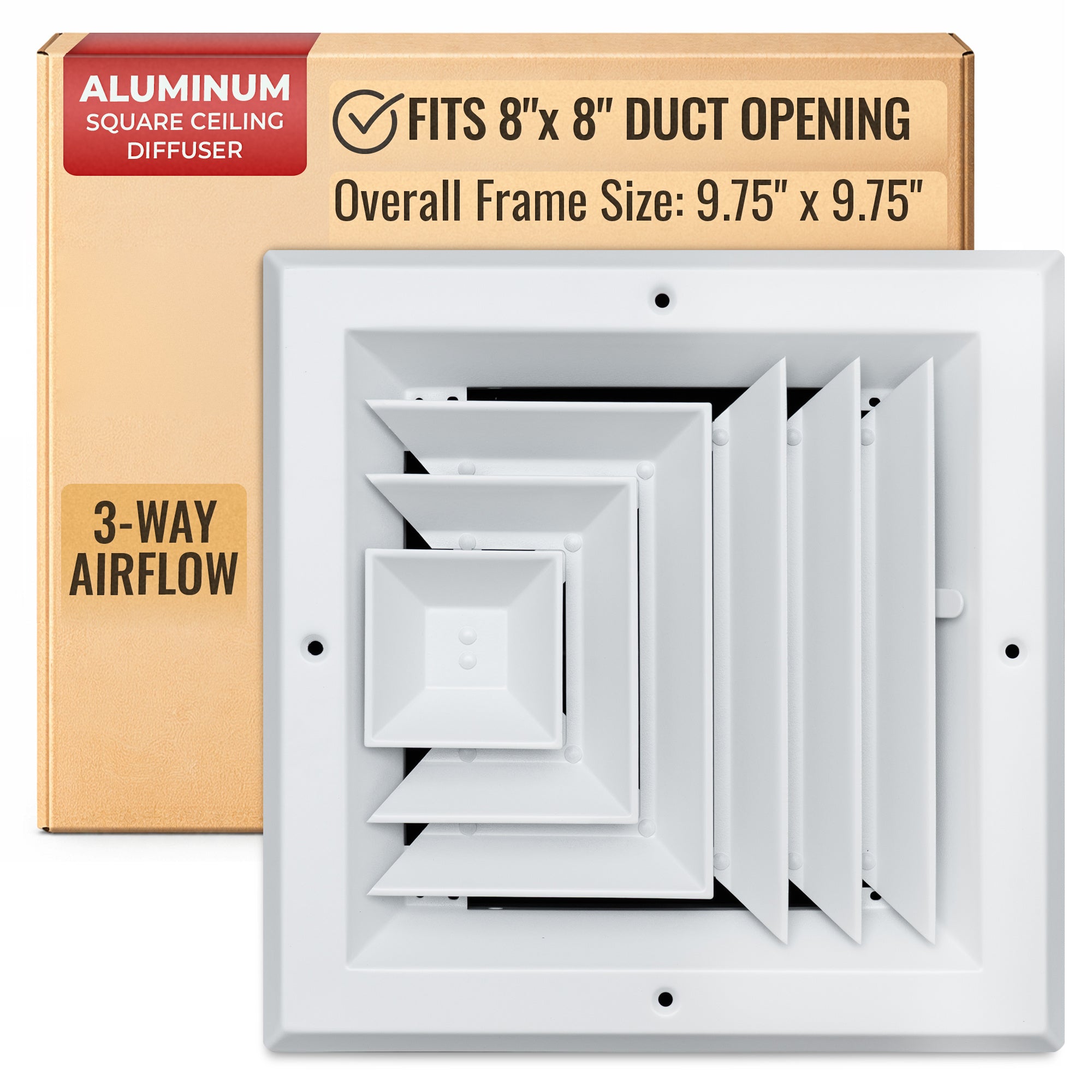 8 x 8-inch White Aluminum square ceiling diffuser, packaging