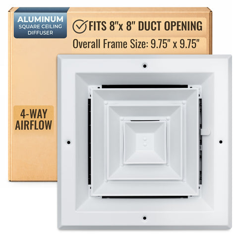 8 x 8-inch White Aluminum square ceiling diffuser, packaging