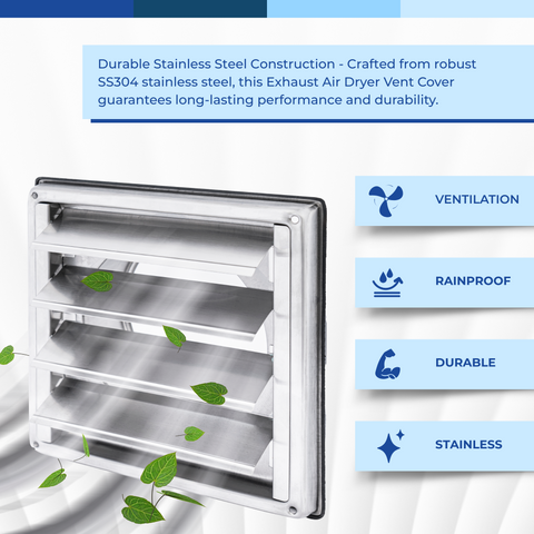 4-inch stainless steel square dryer vent cover with moving louvers, features infographic